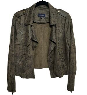 Snake Print Skies Are Blue Olive Faux Suede Moto Jacket SIZE M Edgy Grunge Fall
